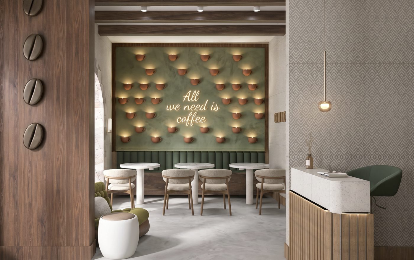 Cafe interior with coffee cup wall