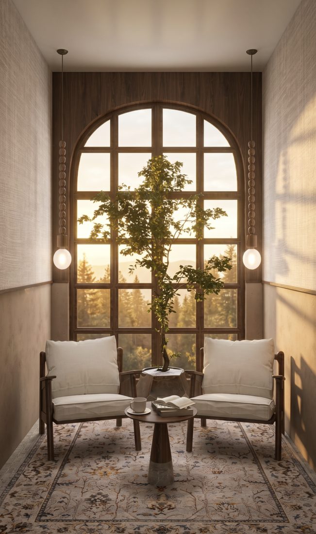 Arched window seating area