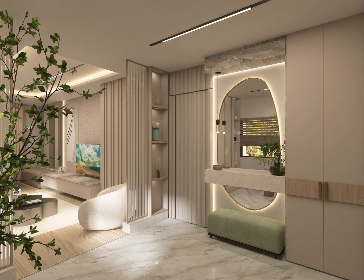 Entrance hall with backlit mirror
