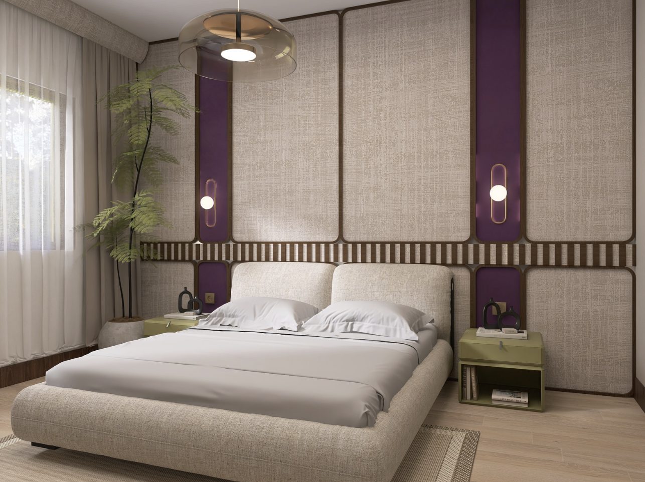 Bedroom with upholstered wall panels