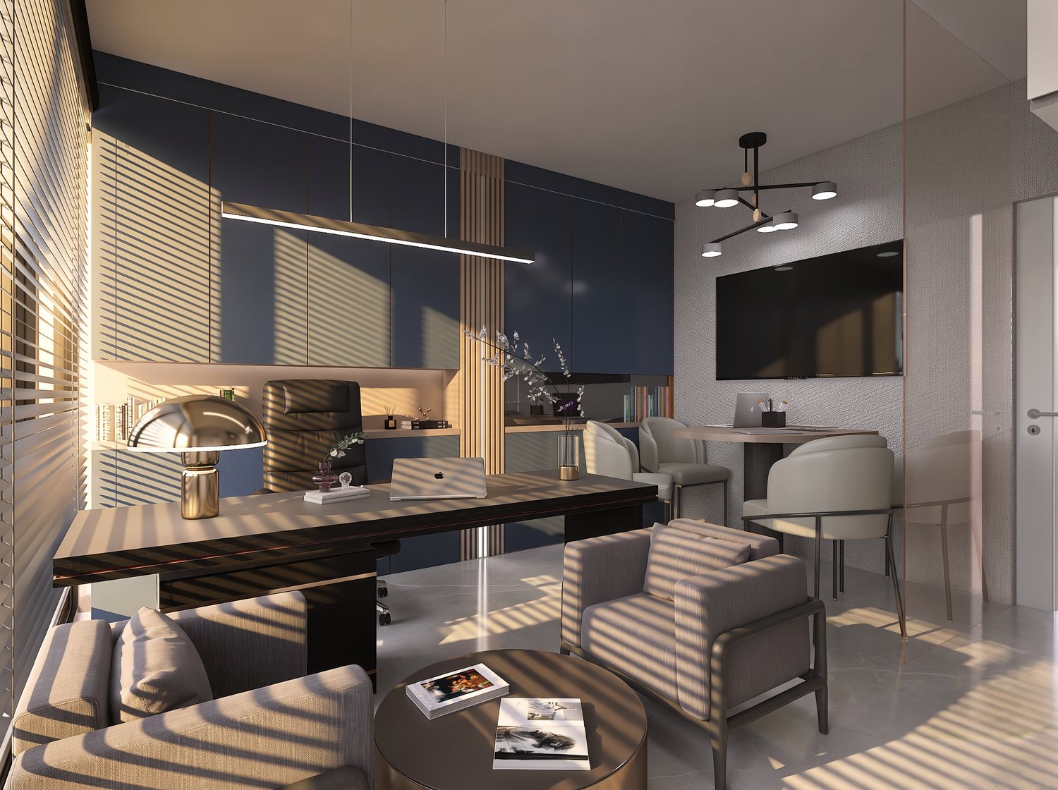 Partner office with desk and seating