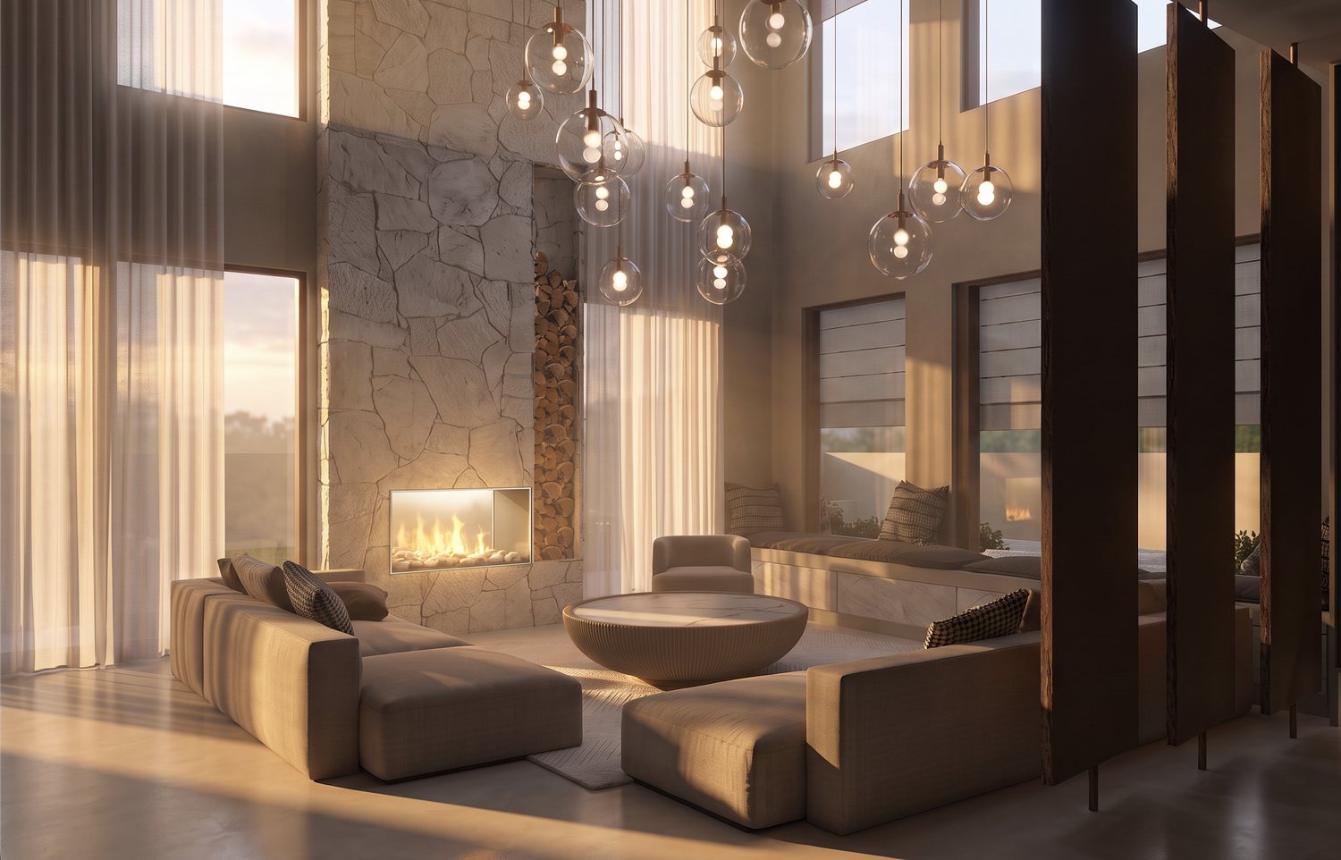 Double-height living room with stone fireplace